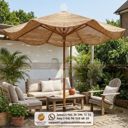 9 ft vs 10 ft patio umbrella Umbrella, 3 Tier Outdoor Table with 8 Sturdy Glass Fiber Ribs and Push Button Tilt, Outdoor Patio Umbrellas for Market Pool Garden Backyard, 1.5" Pole, Champagne ( and tear MASTERCANOPY Patio Umbrella for Outdoor