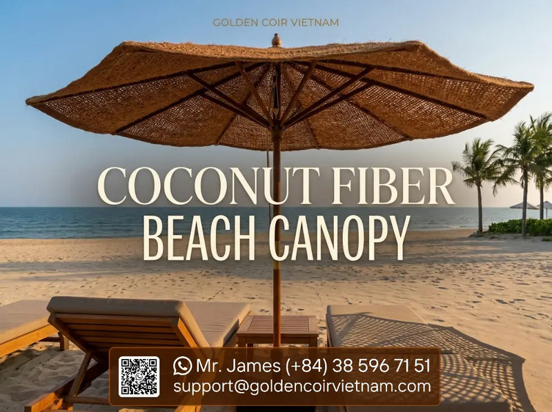Coconut fiber beach sun canopy with handwoven coir parasol providing natural shade on a tropical beach
