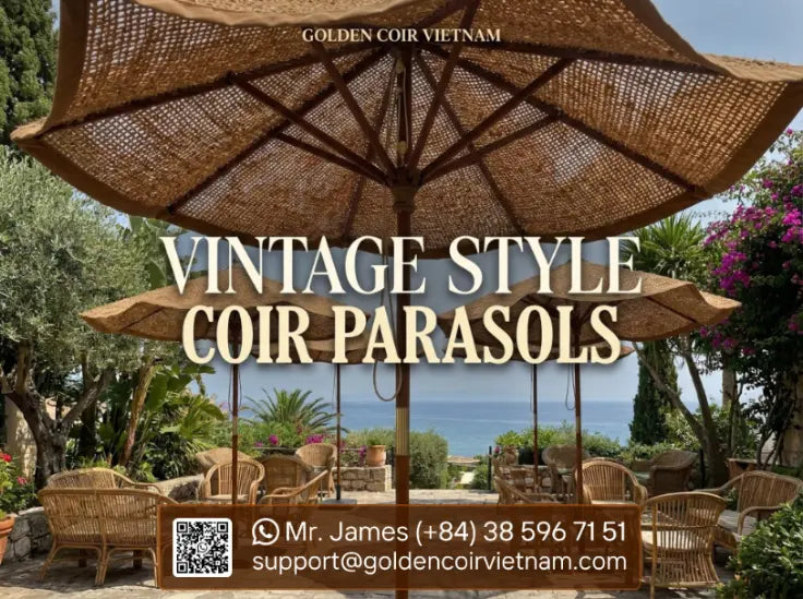 Vintage style coir parasols with handwoven coconut fiber canopies for luxury coastal resorts and boho outdoor spaces