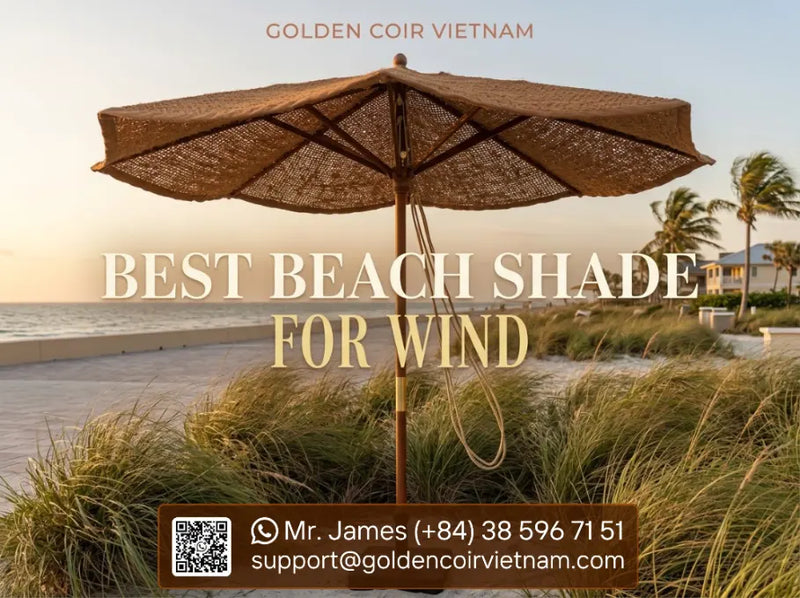 Natural coir parasol as the best beach shade for wind on a breezy coastal beach