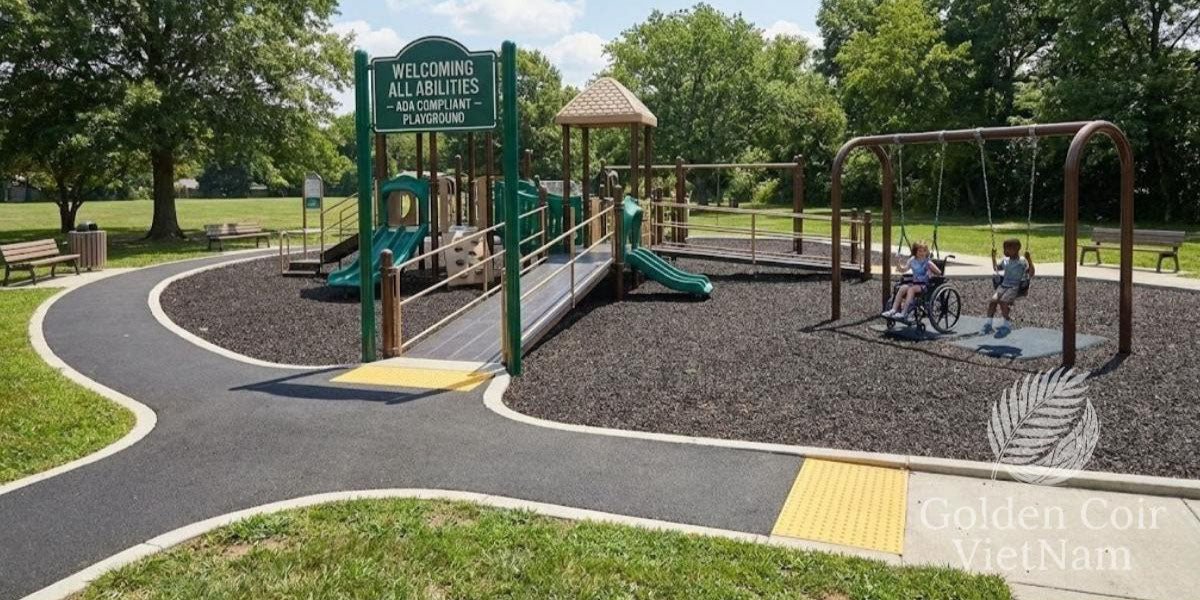 ADA compliant playground with rubber mulch surfacing and wheelchair-accessible ramps