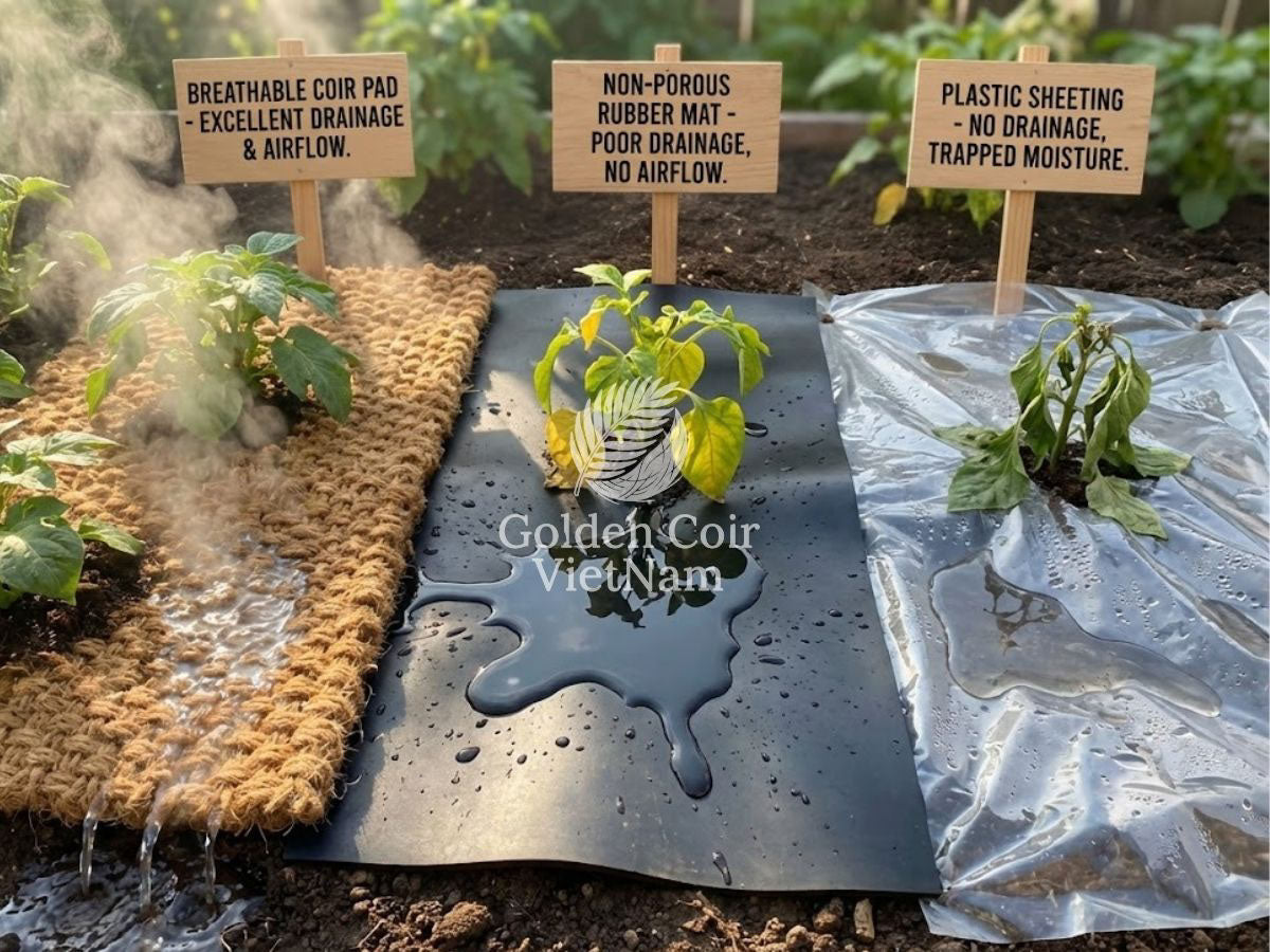 Coconut coir pad vs rubber mat vs plastic sheeting comparison showing breathable drainage and airflow for healthier soil