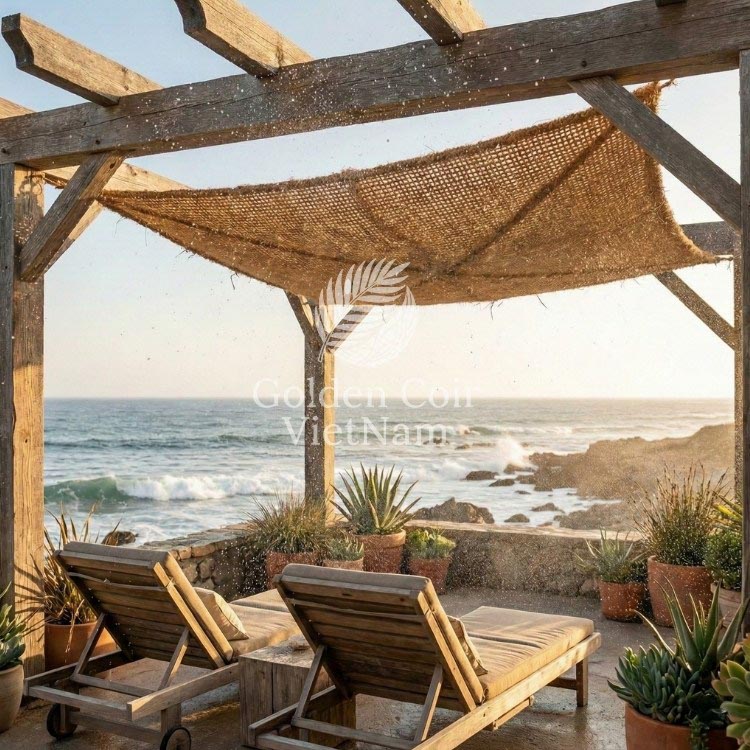 Breathable shade sails made from natural coir fiber used in a coastal outdoor space with salt spray and ocean air