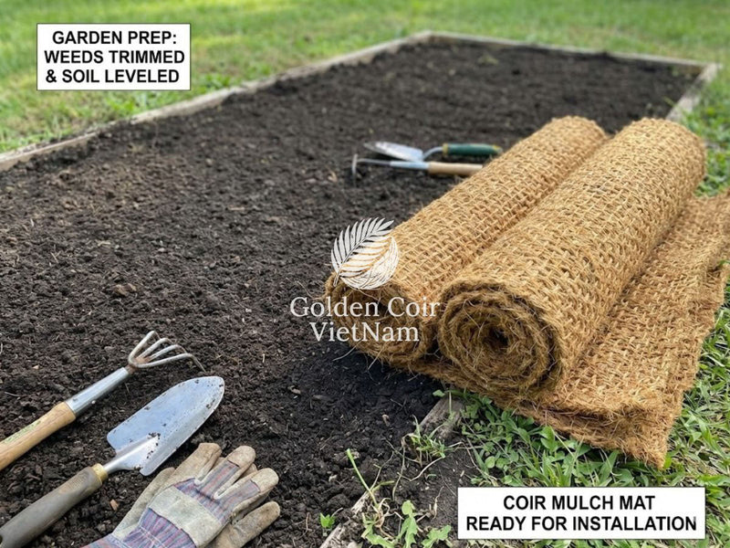 Coir mulch mat installation with garden bed prepped weeds trimmed soil leveled and coir mat rolls ready to lay down