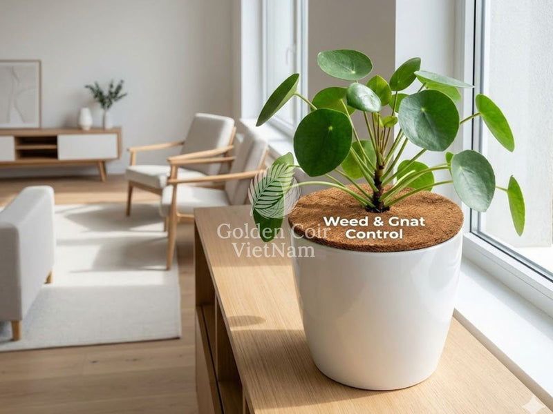 Indoor potted houseplant with a coco coir mulch mat disc top dressing for weed suppression and fungus gnat control