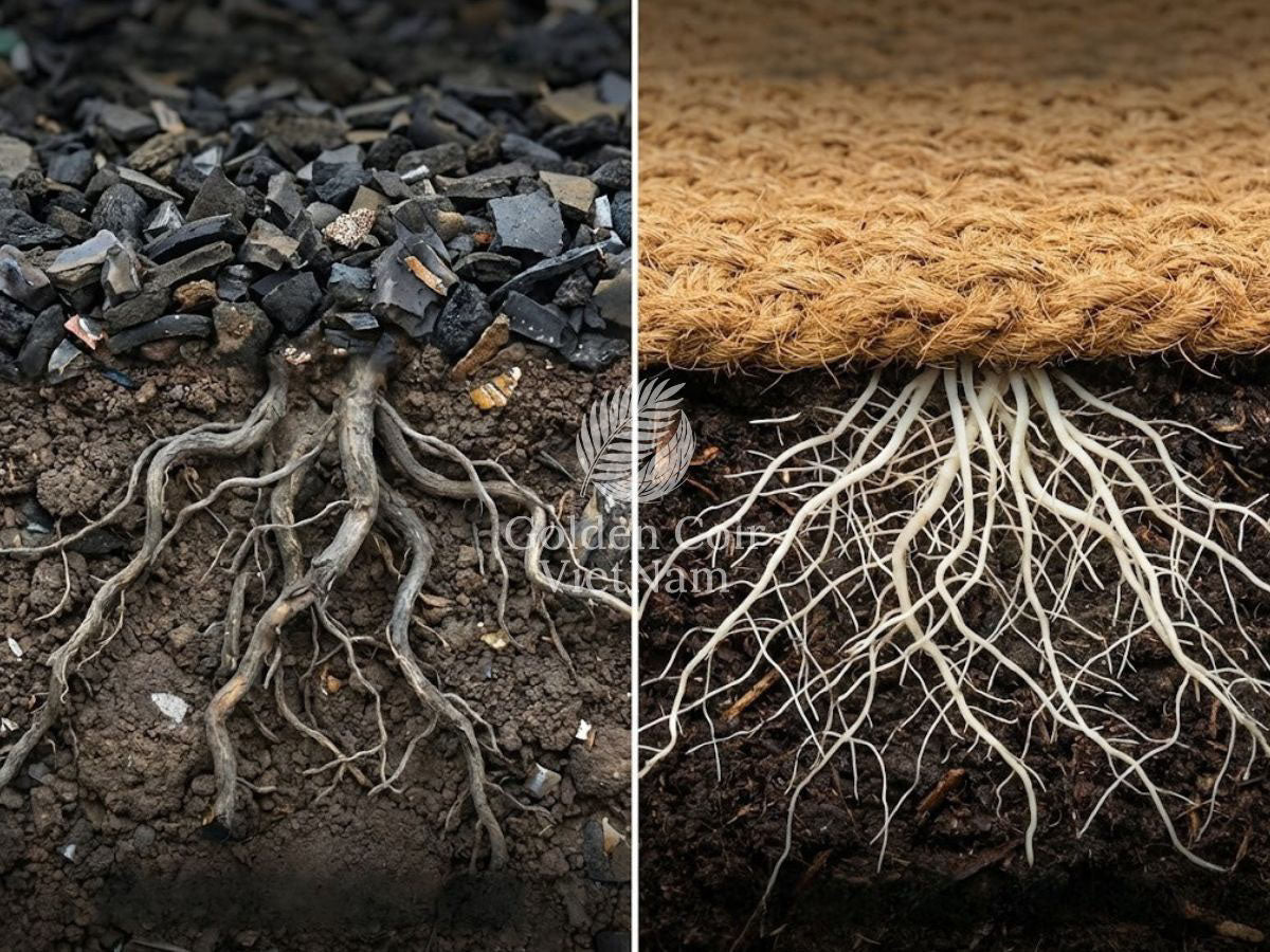 Root system comparison under rubber mulch mat vs coir mulch mat