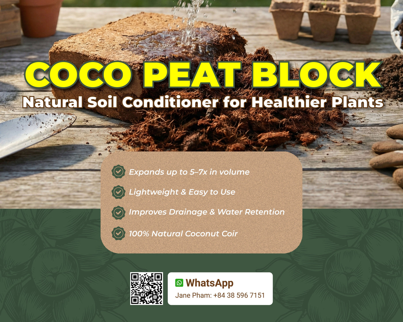 How to hydrate a coconut coir brick: add water, let it expand, then fluff into ready-to-use coco coir growing medium.