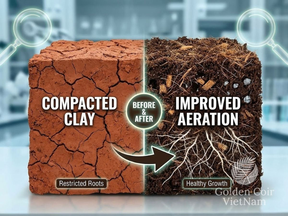 Before and after coconut coir amendment: compacted clay soil vs improved aeration with healthy root growth