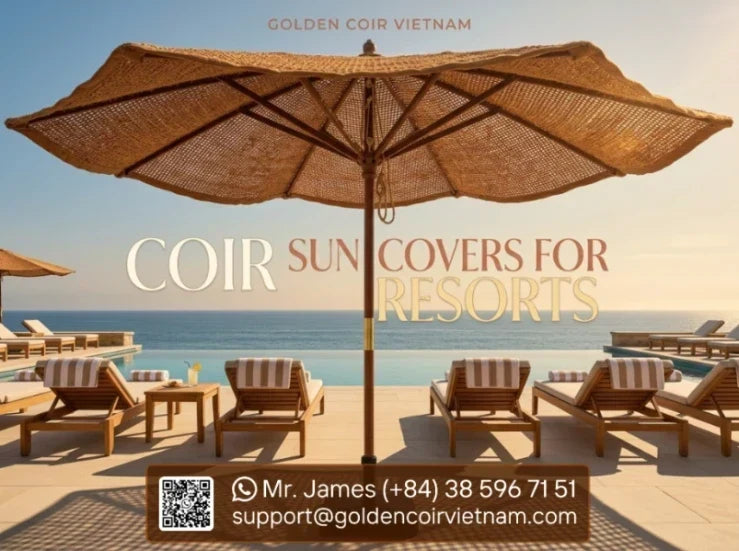 Natural coconut fiber beach sun cover for luxury resorts and beach clubs with poolside seating