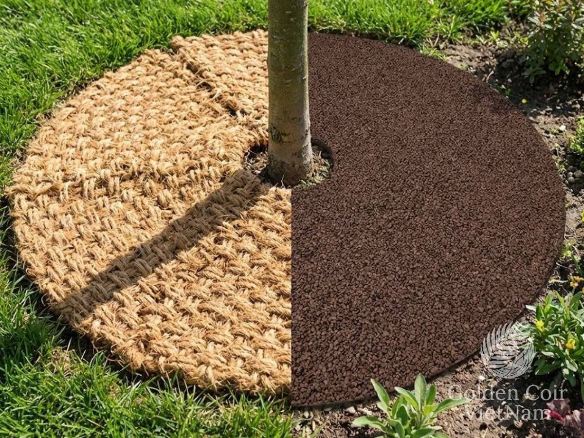 Biodegradable coir mulch mat compared with a rubber mulch tree ring showing natural fiber breakdown versus long lasting synthetic rubber material