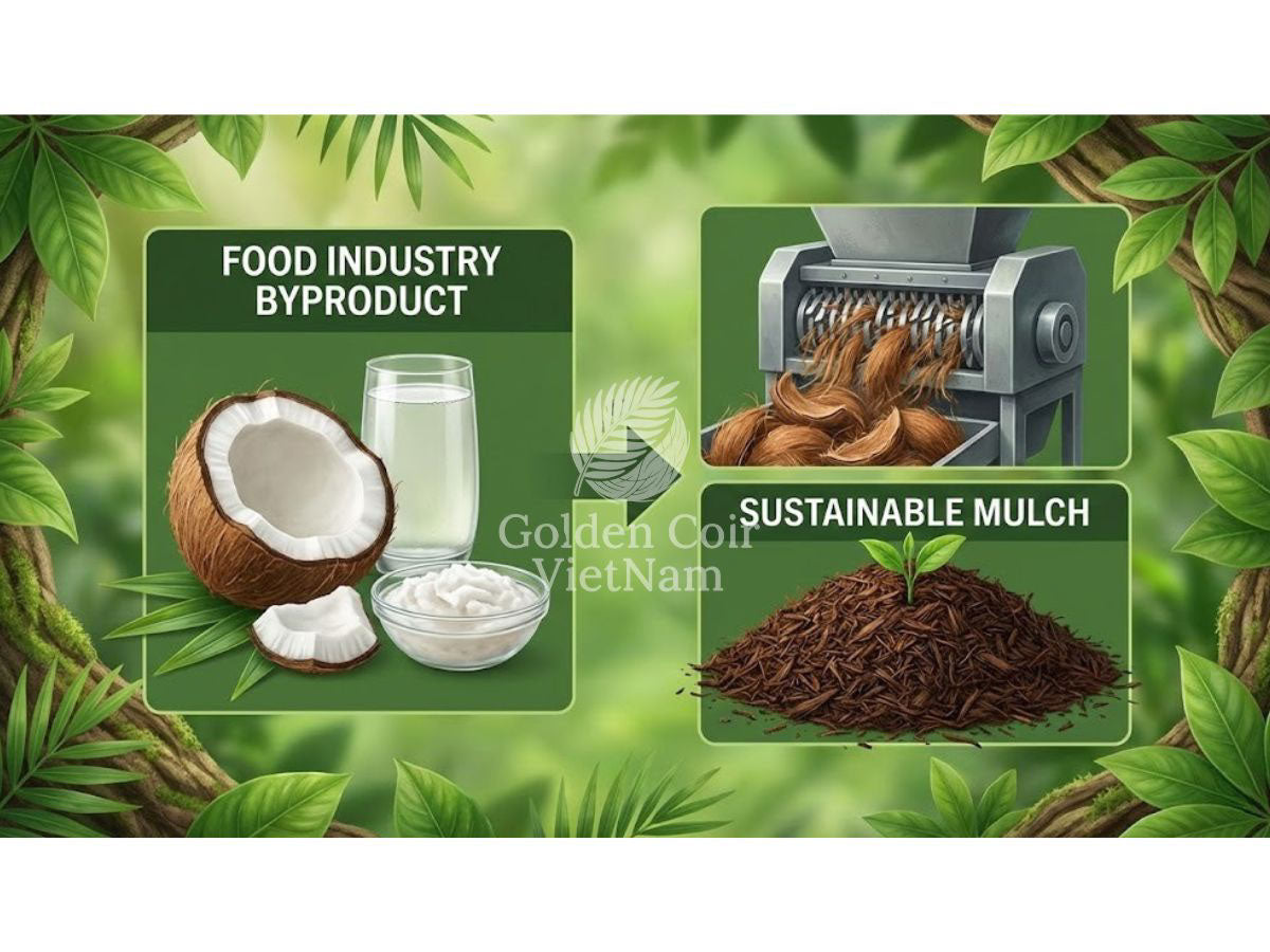 Infographic showing coconut food industry byproduct processed into sustainable coconut coir mulch.