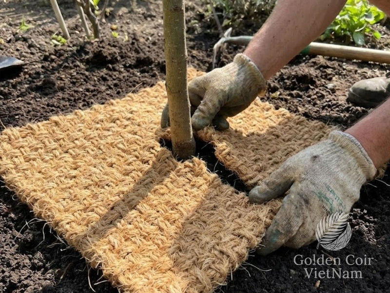 Installing a coconut coir mulch mat tree ring around a young tree for weed control and moisture retention