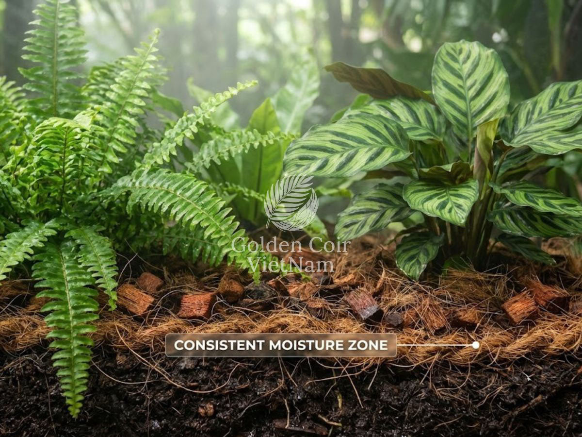 Ferns and Calathea growing in coconut soil for plants, showing consistent moisture retention and healthy root zone