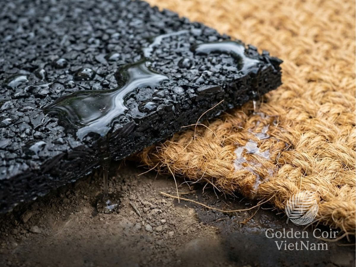 Water pooling on rubber mulch mat compared to coconut mulch absorbing moisture