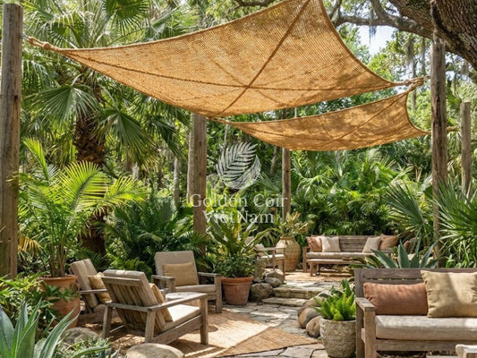 Coconut coir shade sail used as permeable architectural mesh creating an open outdoor space without solid roofing