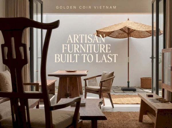 Custom furniture workshop with handcrafted wooden dining table chairs and natural fiber shade sail