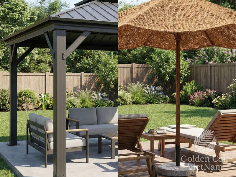 Gazebos and umbrellas comparison hardtop gazebo vs coir parasol backyard patio shade