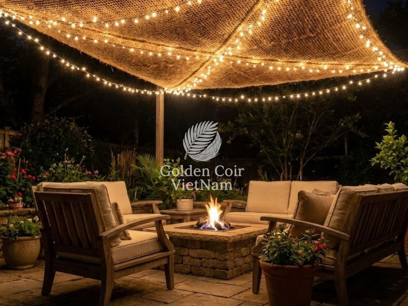patio shade ideas on a budget with outdoor string lights under a rustic canopy pergola creating a cozy backyard fire pit seating area at night