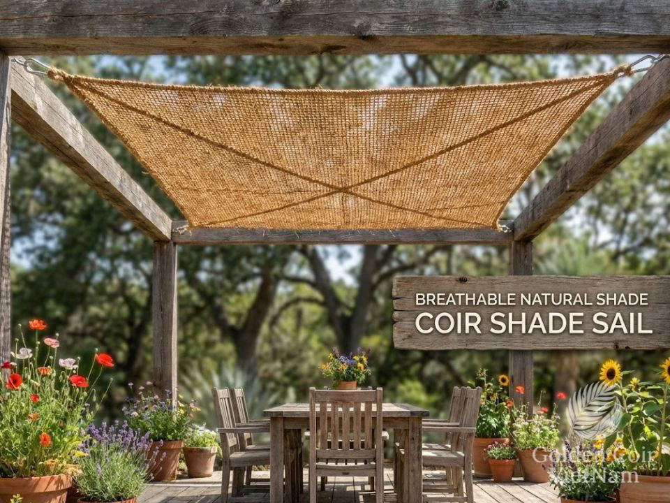 cozy rustic backyard dining area with wooden chairs and a breathable shade canopy in California