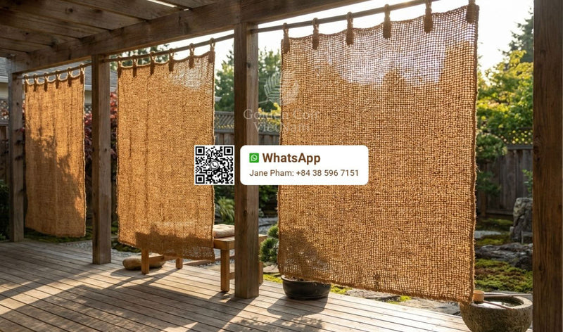 woven coconut fiber outdoor curtains hanging on a wooden pergola patio
