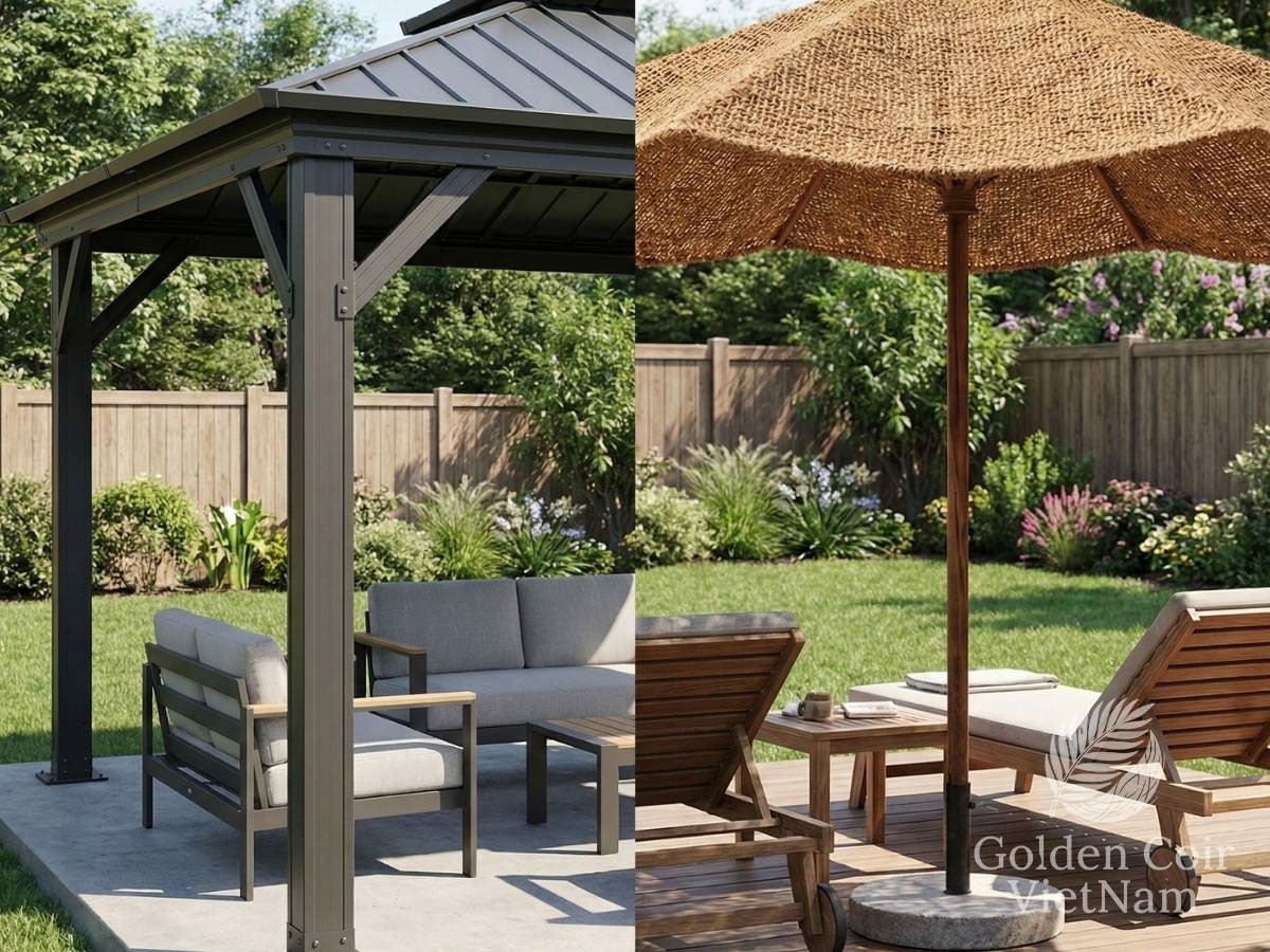 Gazebos and Umbrellas Backyard Shade Comparison Stability Cost and Weather - Golden Coir VietNam