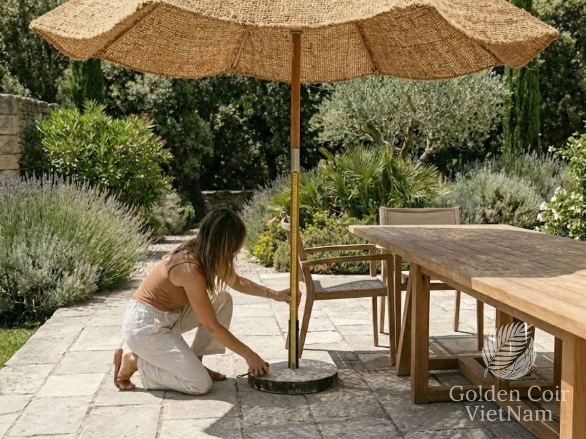 woman measuring patio umbrella pole height and base clearance for correct umbrella size on outdoor dining set