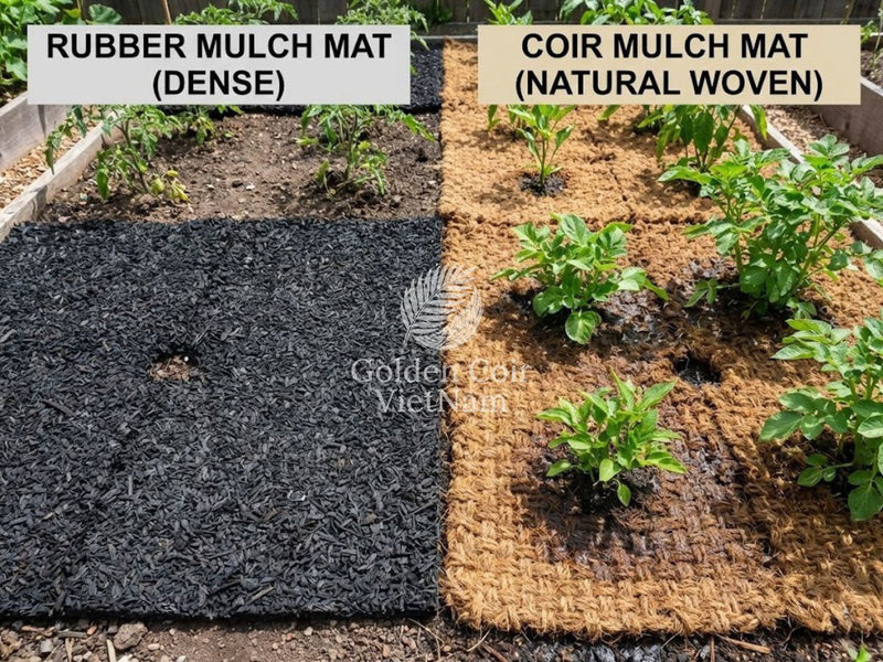 Rubber mulch mat and natural woven coir mulch mat comparison showing dense coverage versus breathable weave in garden beds