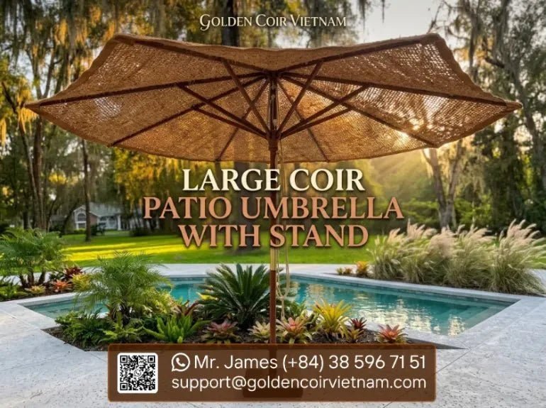 Large Coconut Fiber Patio Umbrella with Stand for Outdoor Spaces - Golden Coir VietNam