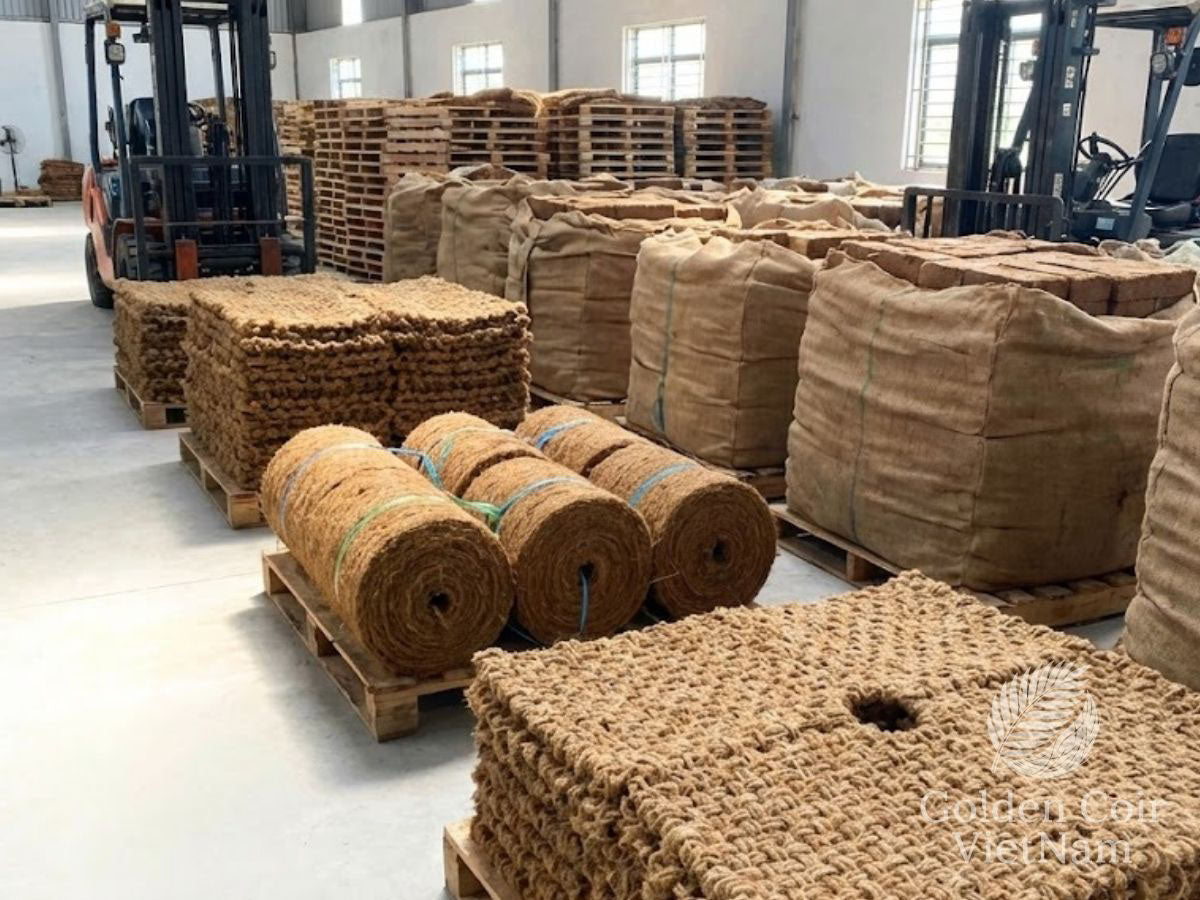 Palletized coconut coir mats and bulk bags stored indoors in a warehouse to prevent moisture absorption