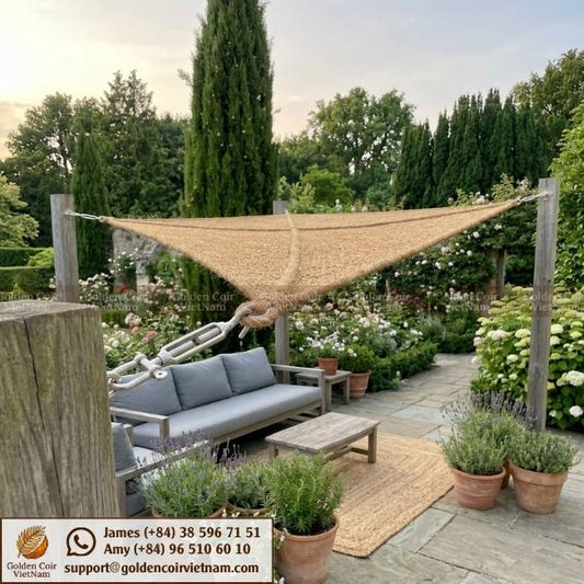ombrière en fibre de coco pour salon de jardin naturel avec protection solaire respirante