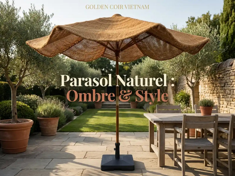 Parasol en fibre de coco dans un jardin naturel avec ombre respirante et style extérieur authentique