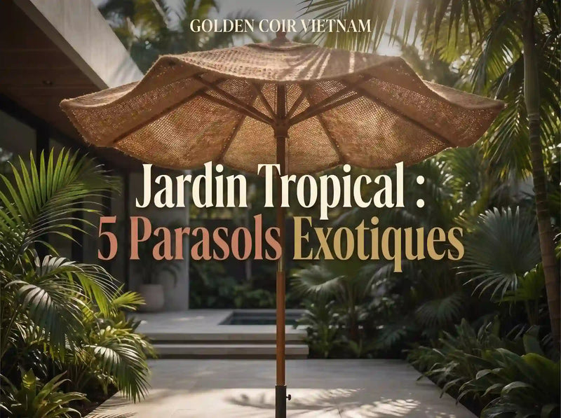 Parasol exotique dans un jardin tropical avec piscine et transats pour créer une oasis extérieure naturelle