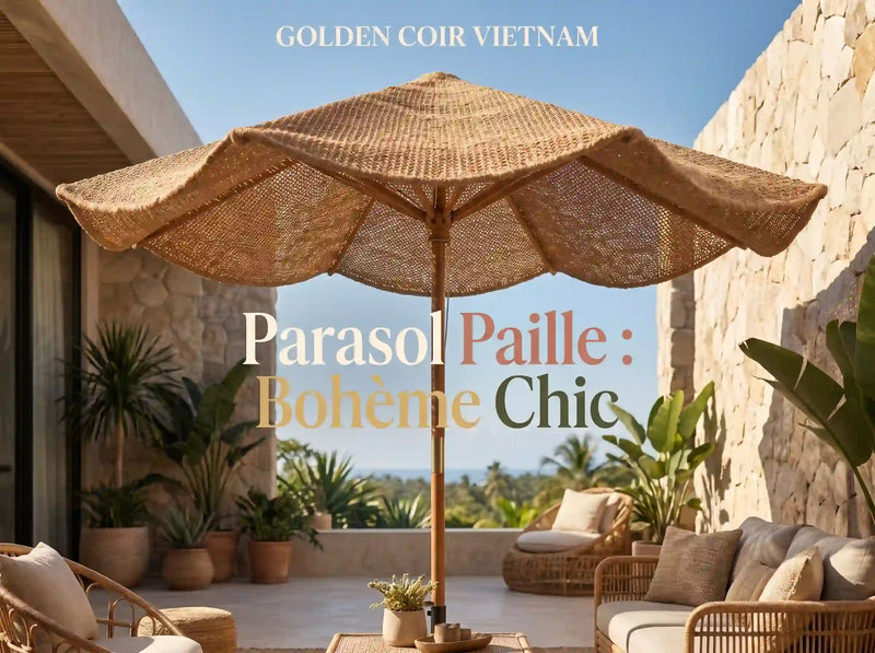 Parasol paille exotique sur terrasse méditerranéenne avec salon extérieur tropical et ambiance plage chic