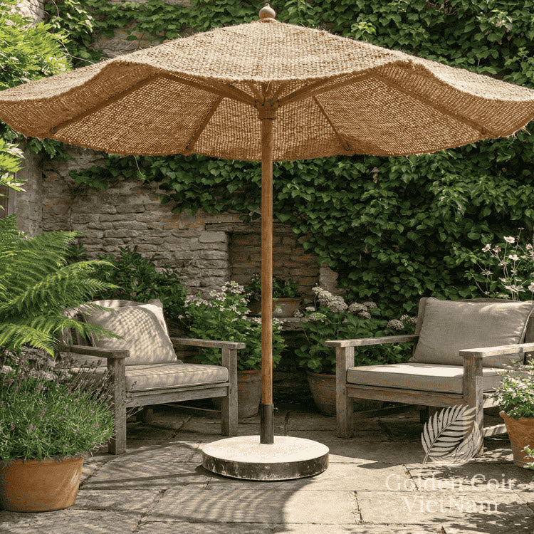 Coir patio umbrella 8 ft allowing natural airflow through its woven canopy for better wind resistance