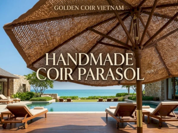 Handmade coir parasol providing natural shade beside a luxury resort swimming pool