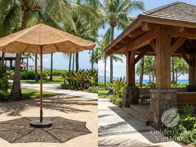 Coir sun umbrella compared with a wooden gazebo structure for resort outdoor shade options