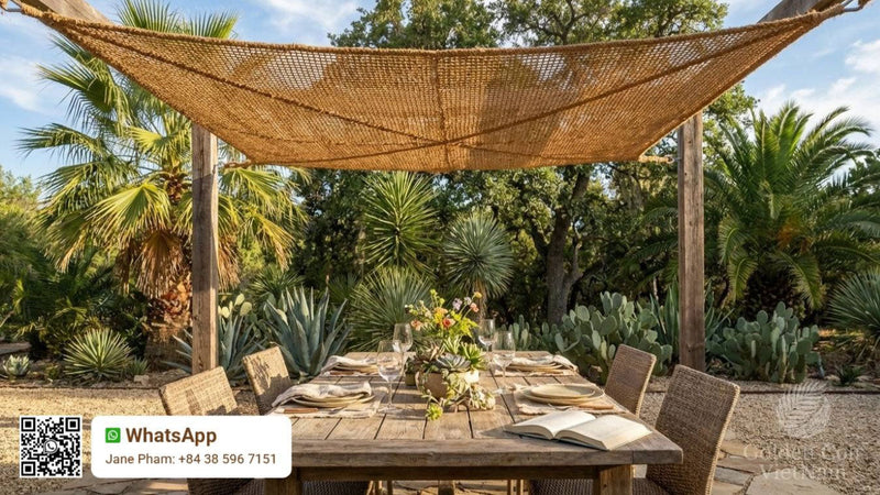 Natural coir water permeable shade sail over an outdoor dining area in a garden