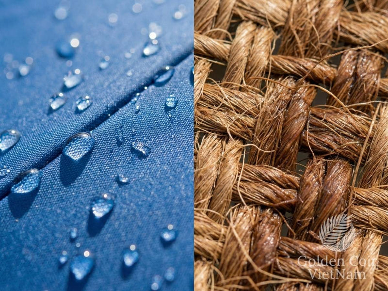 how to clean an outdoor umbrella: water-beading Sunbrella fabric vs porous coir weave showing moisture behavior and mildew risk