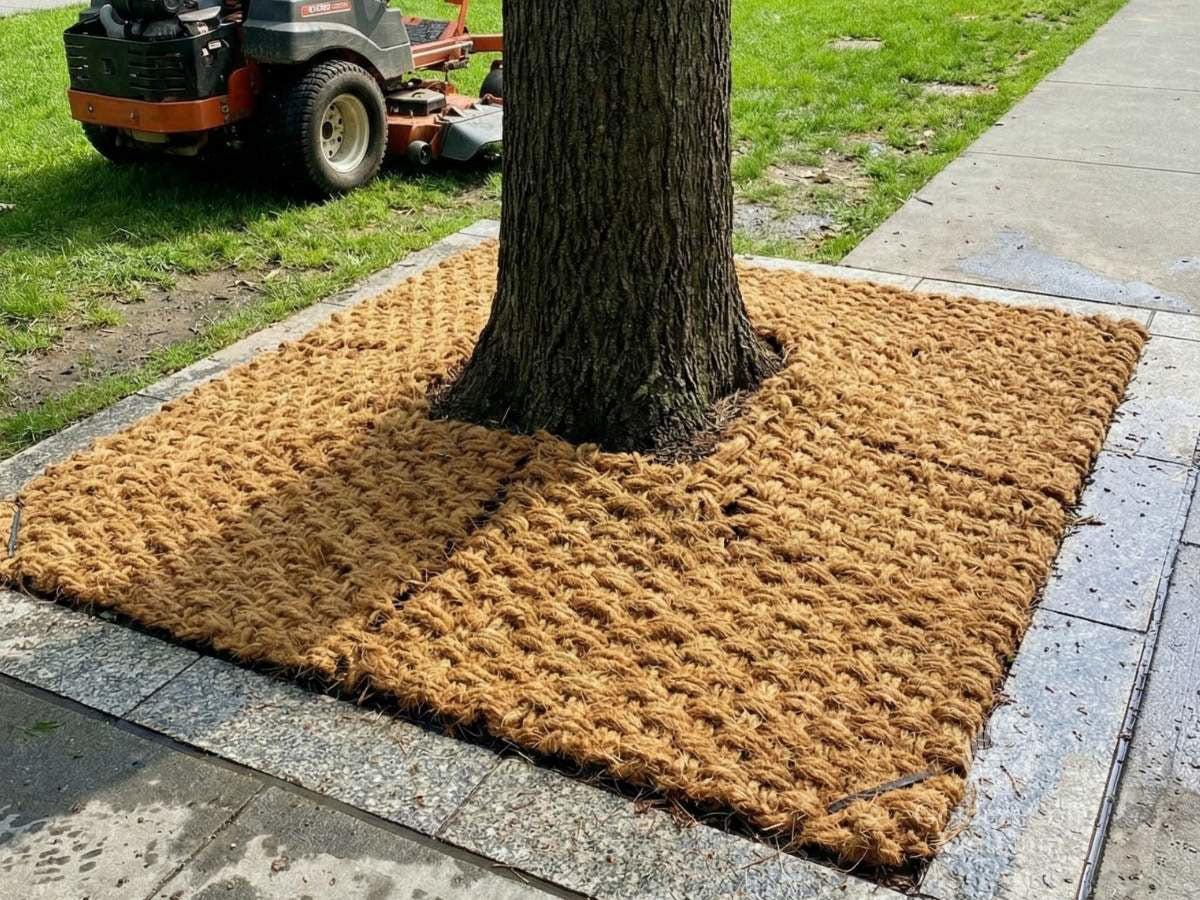 Mulch tree ring installed around a mature tree in an urban landscape to block weeds and reduce trimming near sidewalks