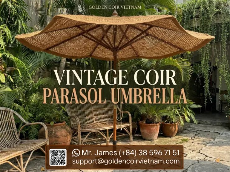 Rustic Coconut Fiber Parasol Umbrella for Patios & Gardens - Golden Coir VietNam