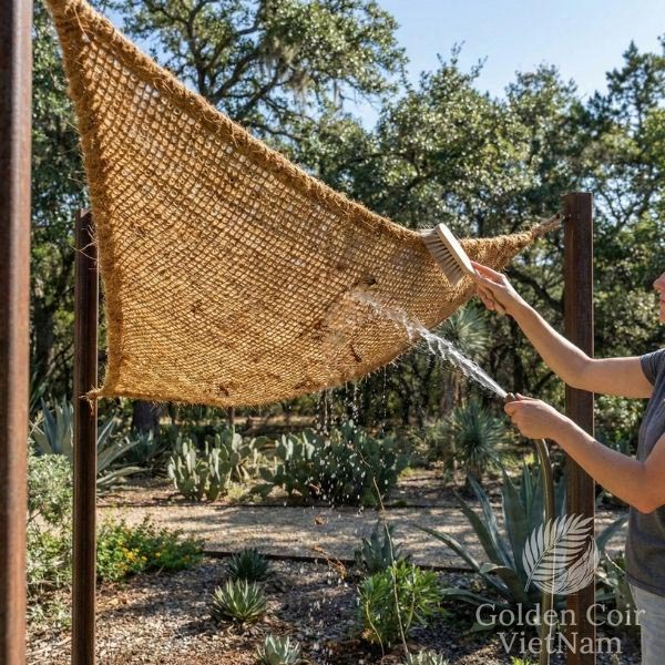 clean shade sails using a soft brush and garden hose on natural coir shade sail