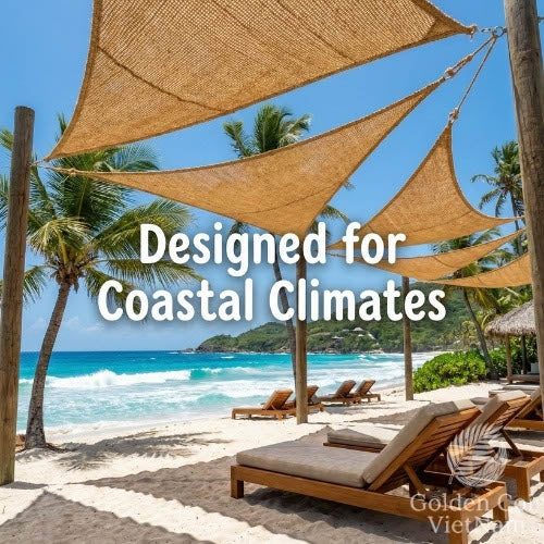 Shade sails for resorts designed for coastal climates installed on a beachfront lounge area