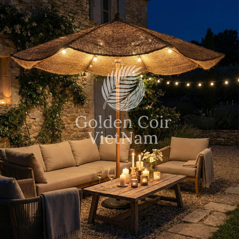 Warm ambient lighting under patio umbrella providing ideal brightness for outdoor dining