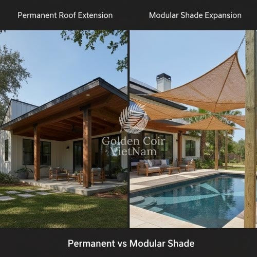 outdoor shade sail system integrated with modern residential architecture