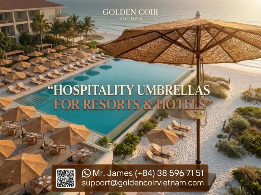 Hospitality umbrellas for resorts and hotels featuring natural coir parasols around a luxury beachfront pool