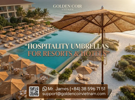 Hospitality umbrellas for resorts and hotels featuring natural coir parasols around a luxury beachfront pool