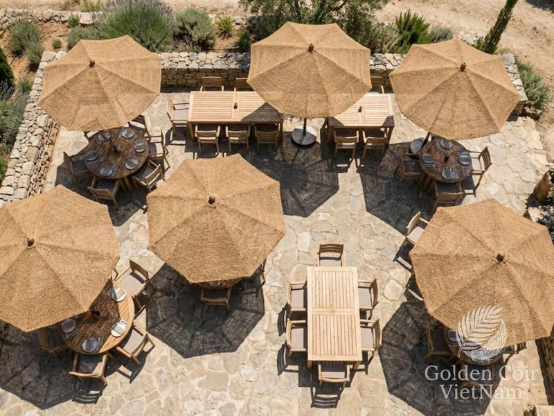 multiple patio umbrellas creating breathable shade over outdoor dining tables