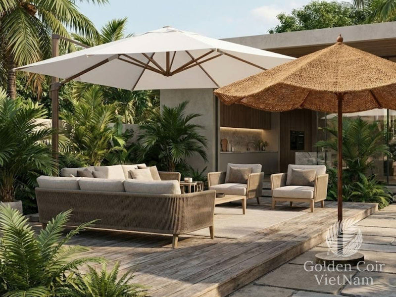 White Cantilever Umbrella shading an outdoor lounge on a tropical patio paired with a natural coir parasol