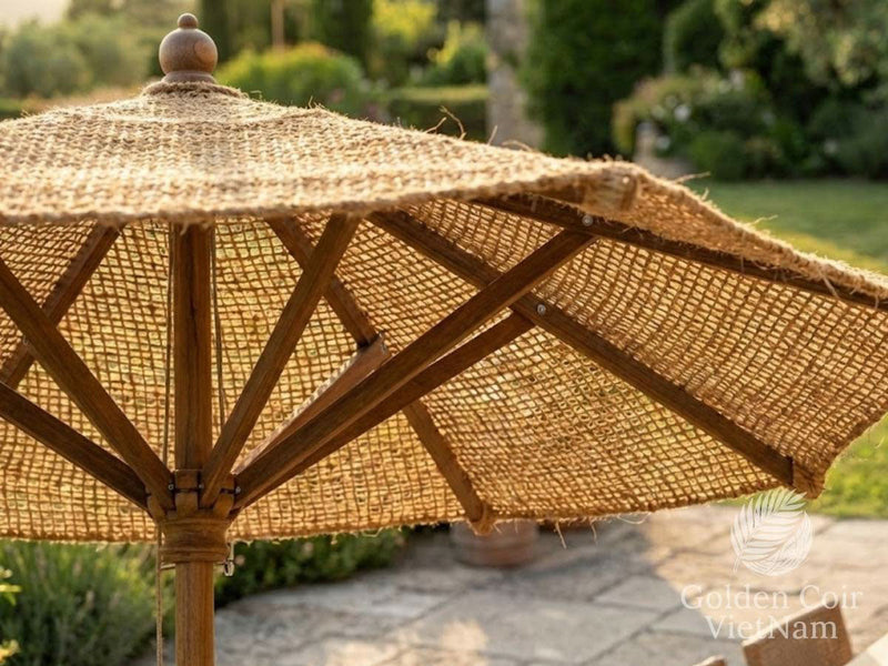 what size umbrella for 6 person table showing coir umbrella canopy weave and wooden rib frame construction for outdoor durability