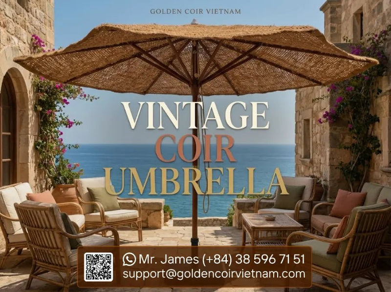 Vintage Outdoor Parasol with Wooden Frame and Coir Canopy - Golden Coir VietNam